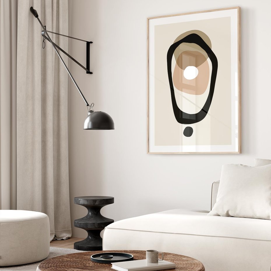 Plakat w ramie 50x70 - Intrygujące Zaskoczenia - beżowa abstrakcyjna kompozycja, czarny akcent - rama drewno