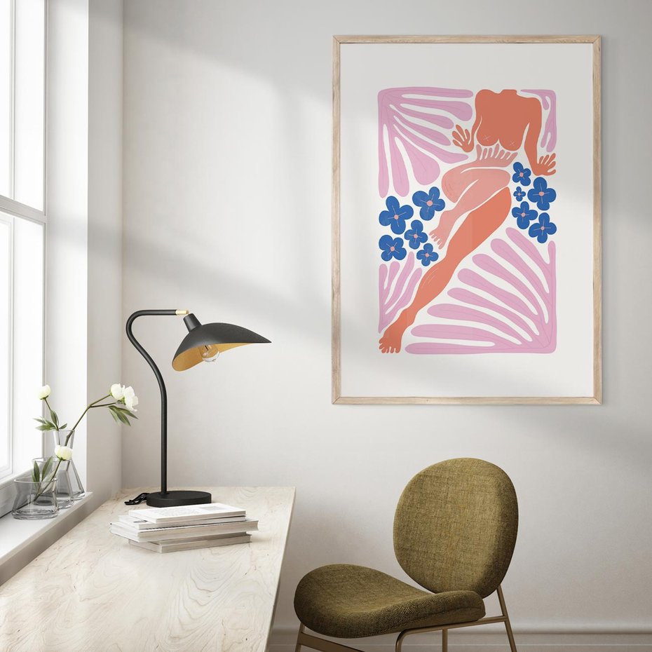 Plakat w ramie 50x70 - Opowieść Ognistych Rytów - nowoczesny kobiecy akt, graficzne kształty - rama drewno