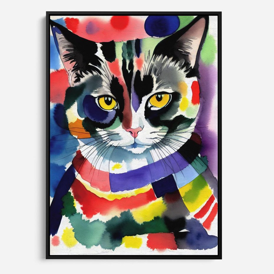 Obraz w ramie 70x100 - Koci Przyjaciel - abstrakcyjny obraz, akwarela - rama czarna