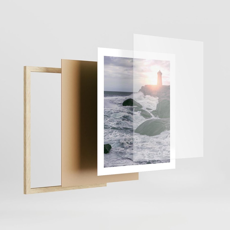 Plakat w ramie 40x50 - Latarnia, Zachód Słońca i Fale - latarnia na klifie, zachód słońca - rama drewno