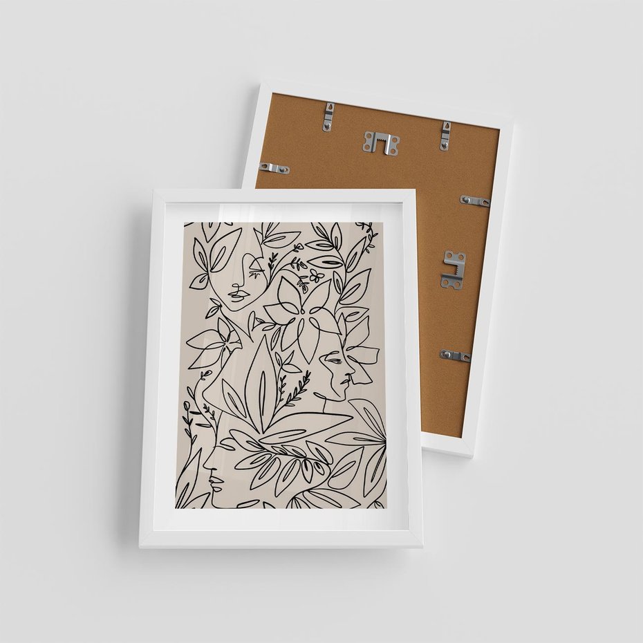 Plakat w ramie 30x40 - Kobiecy Portret Duszy - beżowe tło, czarny szkic nowoczesnych kwiatów - rama biała