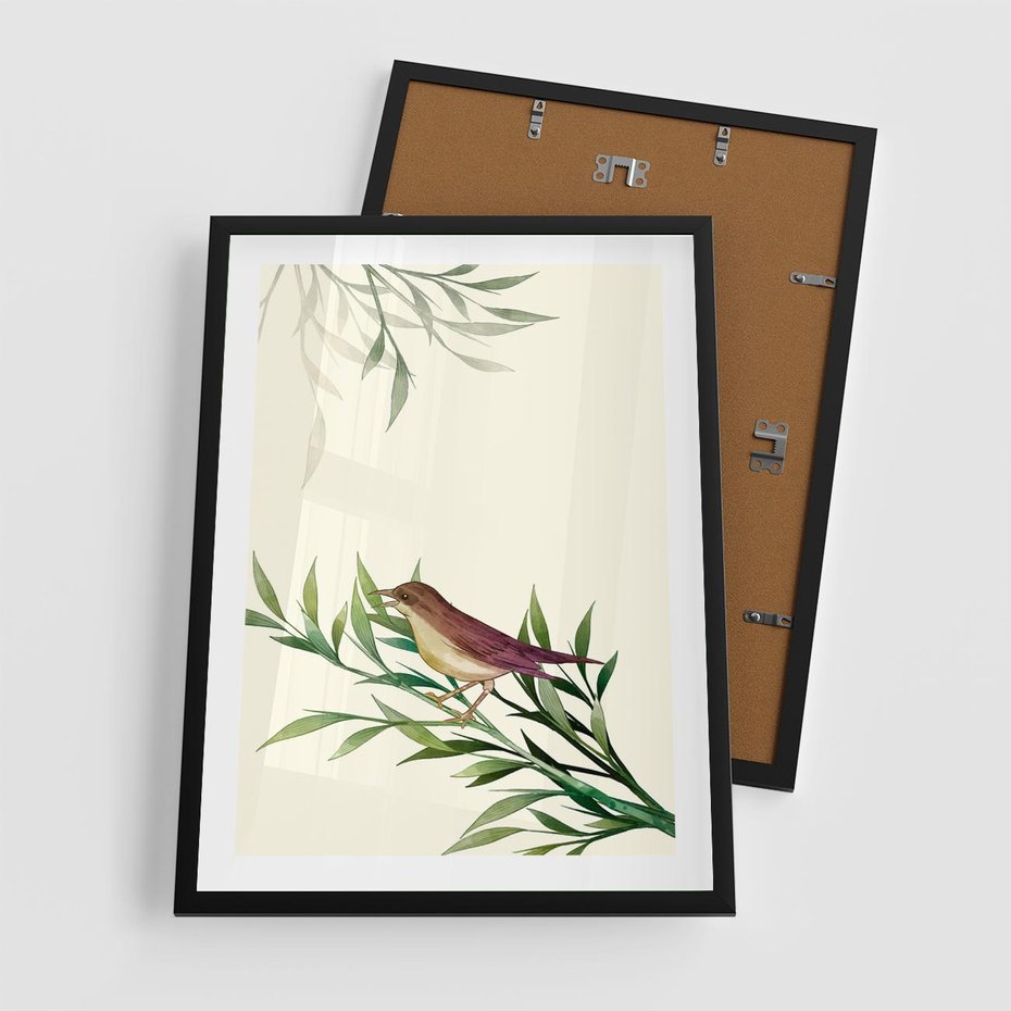 Plakat w ramie 50x70 - Roślinne Nastroje - japońska sztuka, ptak - rama czarna