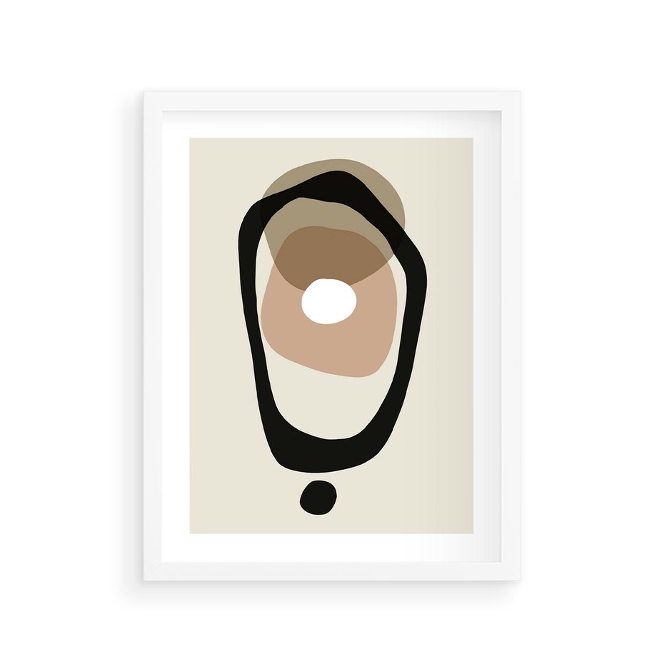 Plakat w ramie 30x40 - Intrygujące Zaskoczenia - beżowa abstrakcyjna kompozycja, czarny akcent - rama biała