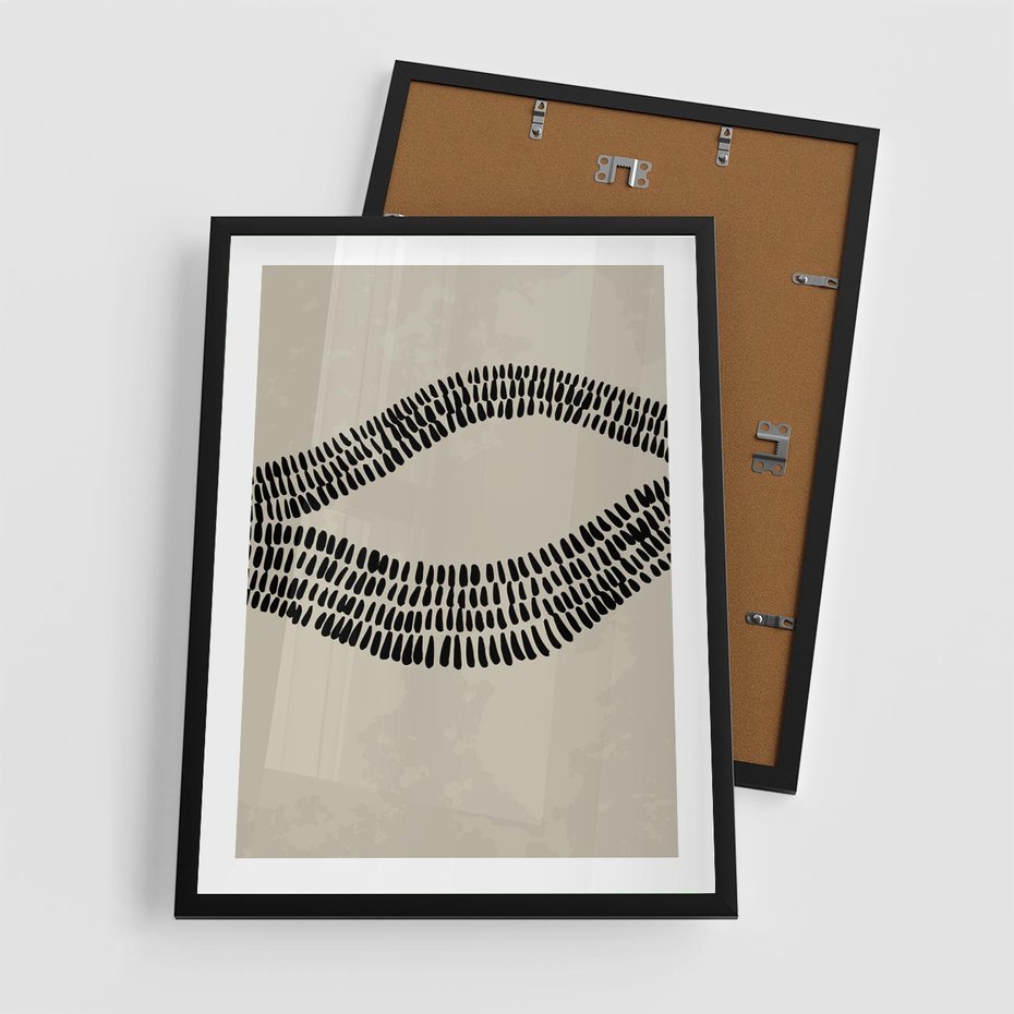 Plakat w ramie 50x70 - Kontury Ewolucji Materii - boho plakat, czarne kropki kreski - rama czarna