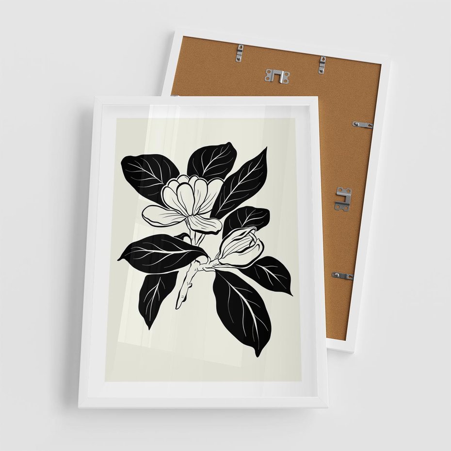 Plakat w ramie 50x70 - Spojrzenie w kształty kwiatów - kwiaty magnolii, minimalizm - rama biała