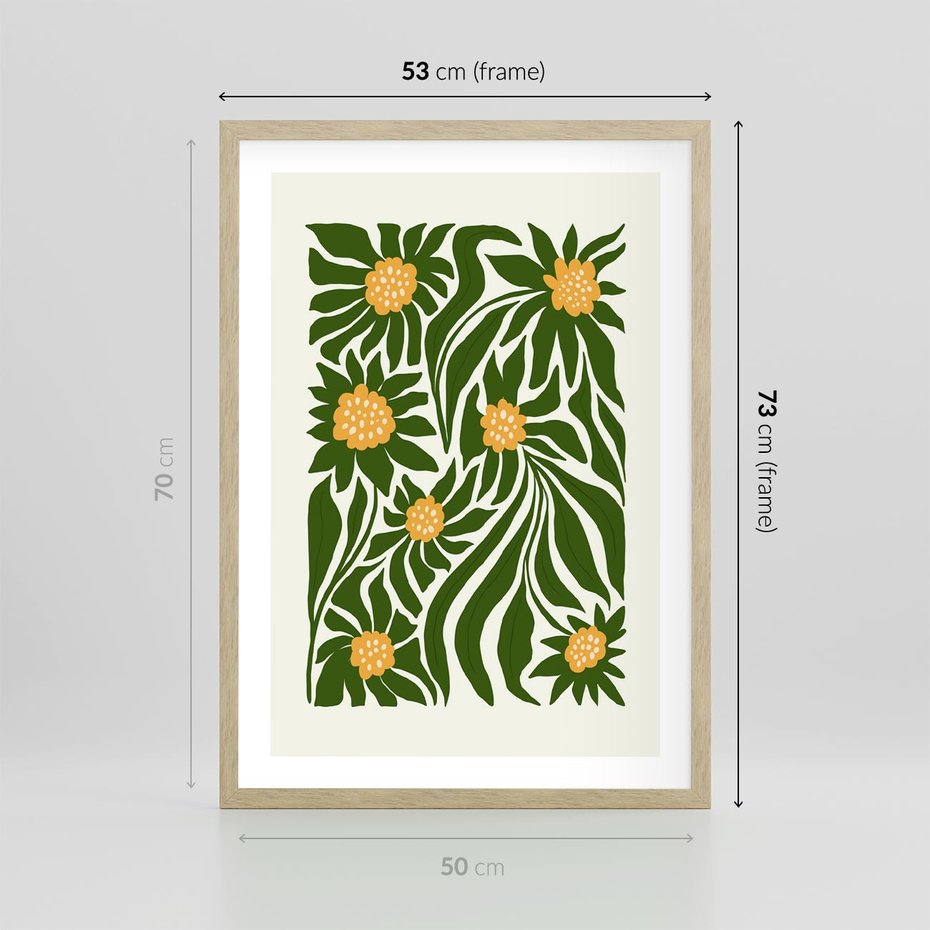 Plakat w ramie 50x70 - Spojrzenie wgłąb roślinnego świata - abstrakcyjne kwiaty, kompozycja - rama drewno