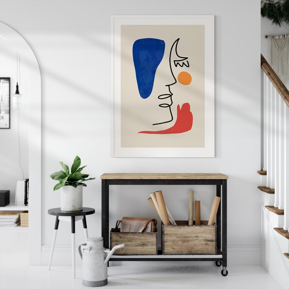 Plakat w ramie 40x50 - Rozbijające Symfonie Form - abstrakcyjny obraz, przypomina twarz - rama biała