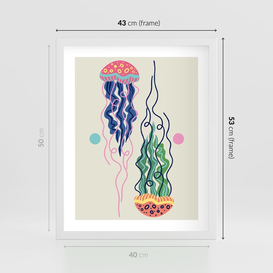 Plakat w ramie 40x50 - Morskie Pulsacje - nowoczesny optymistyczny plakat, kolorowe meduzy - rama biała