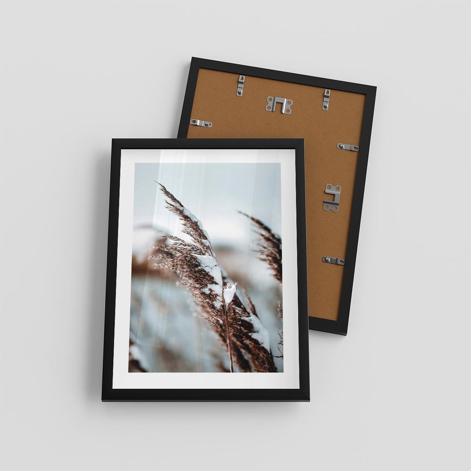 Plakat w ramie 30x40 - Zima na Suchych Trawach - suche trawy, śnieg wysokich na trawach - rama czarna