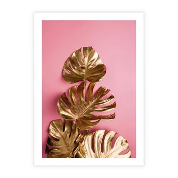 Plakat bez ramy 50x70 - Złote Liście Monstery: Delikatność na Różowym Tle - złote liście monstery, różowe tło