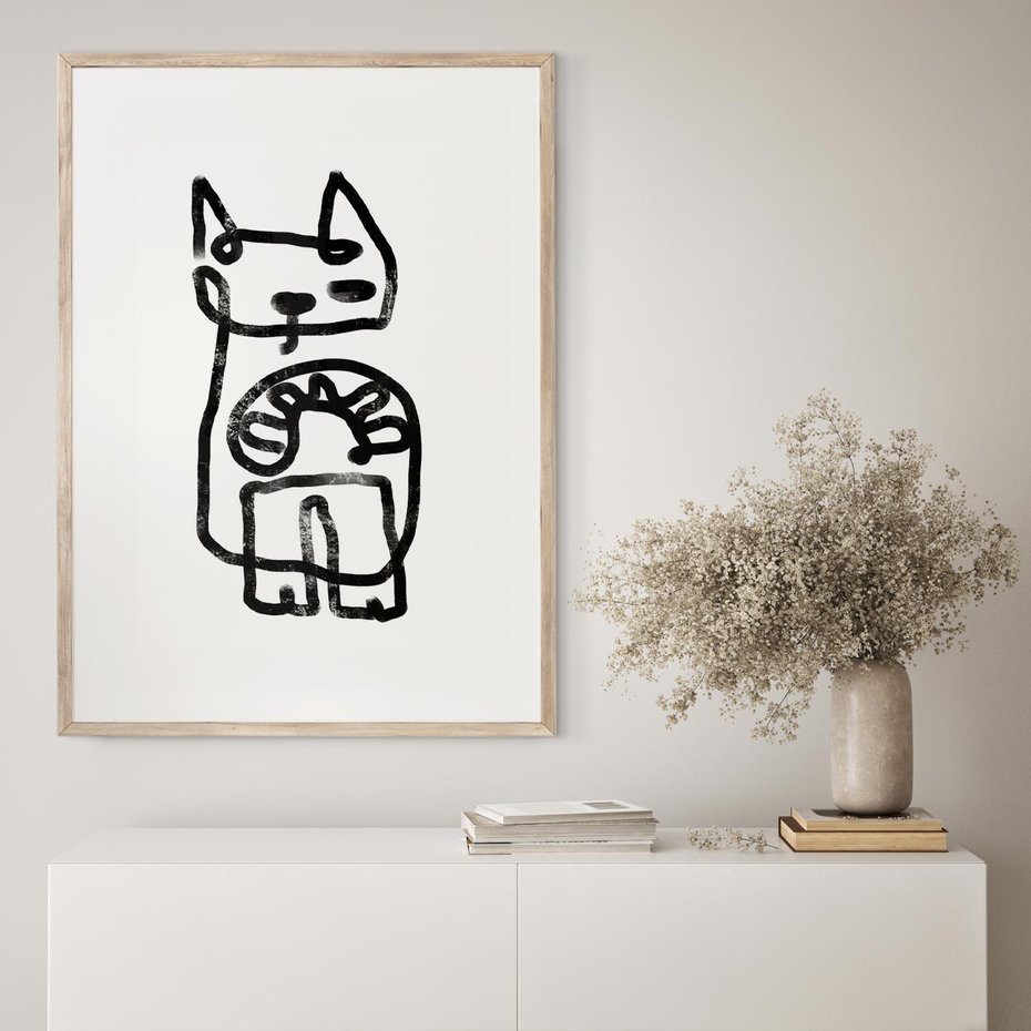 Plakat w ramie 30x40 - Portret Kociej Duszy - szkic kota, prymitywizm - rama drewno
