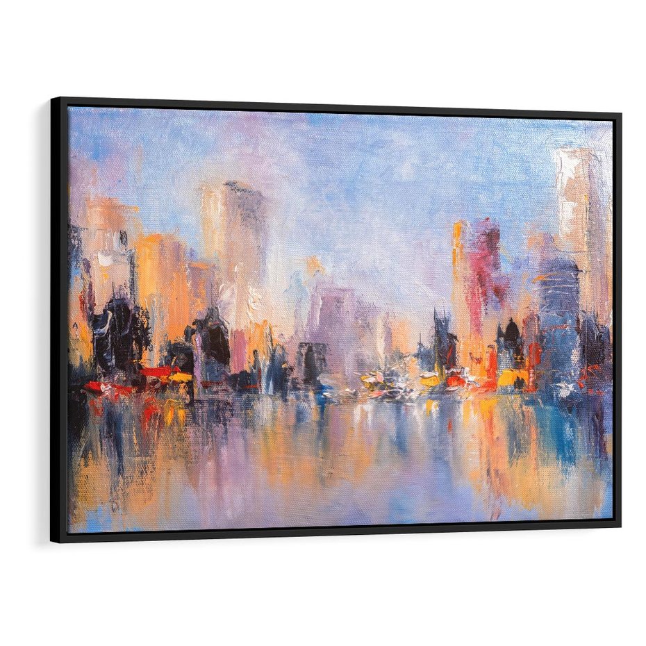 Obraz w ramie 70x50 - Miasto Refleksji - olejna panorama miasta w oddali, wiezowce odbijają się w rzece - rama czarna