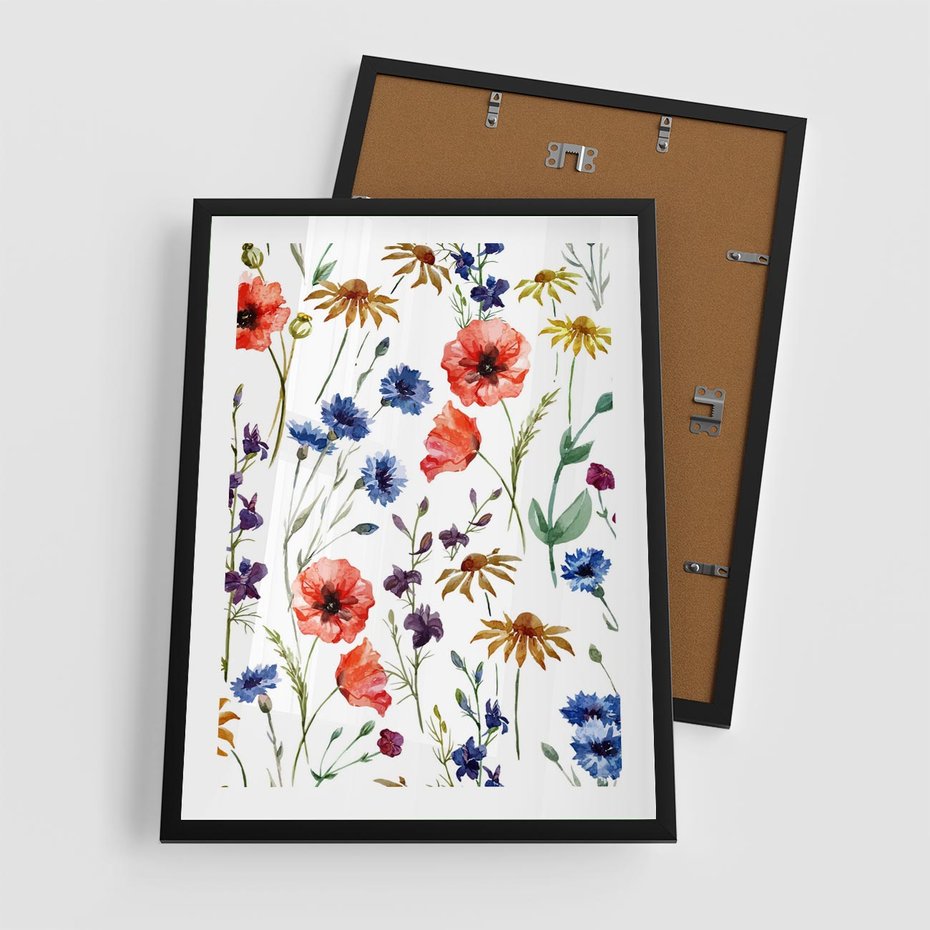 Plakat w ramie 50x70 - Kwiatowe radości na łące - kwiaty, łączka - rama czarna