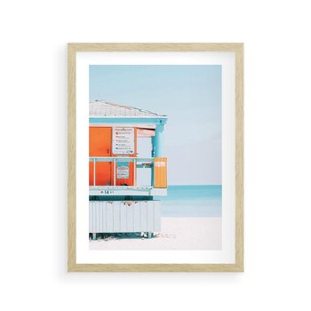 Plakat w ramie 30x40 - Letnia Idylla - plaża, domek na plaży - rama drewno
