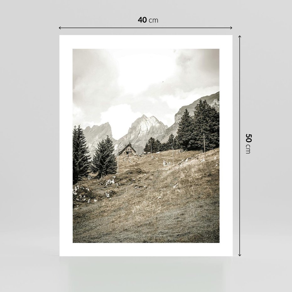 Plakat bez ramy 40x50 - Krajobraz Sepii: Domek w Górach - domek w górach, góry