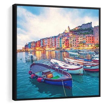 Obraz w ramie 50x50 - Tańczące kolory zachodu - nadmorskie kolorowe miast, kolorowe budynki na brzegu - rama czarna