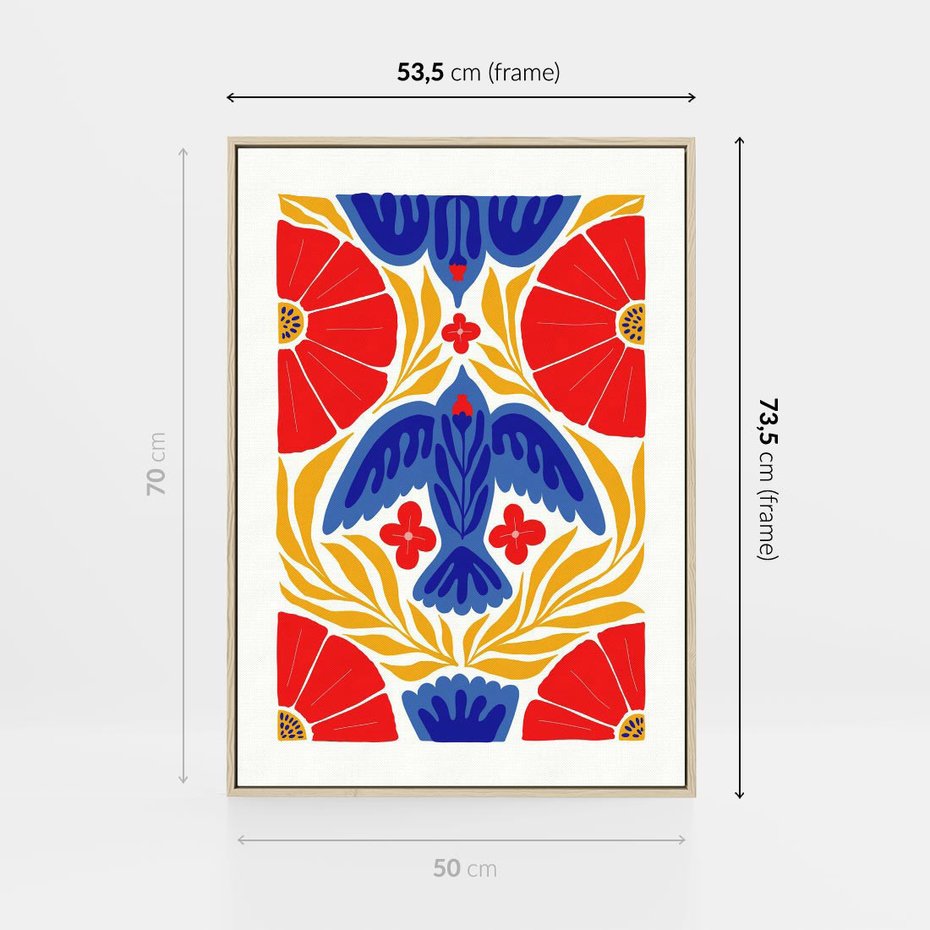 Obraz w ramie 50x70 - Eklektyczny Majestat - wyrazista grafika, mocne kolory czerwień niebieski żółty - rama drewno