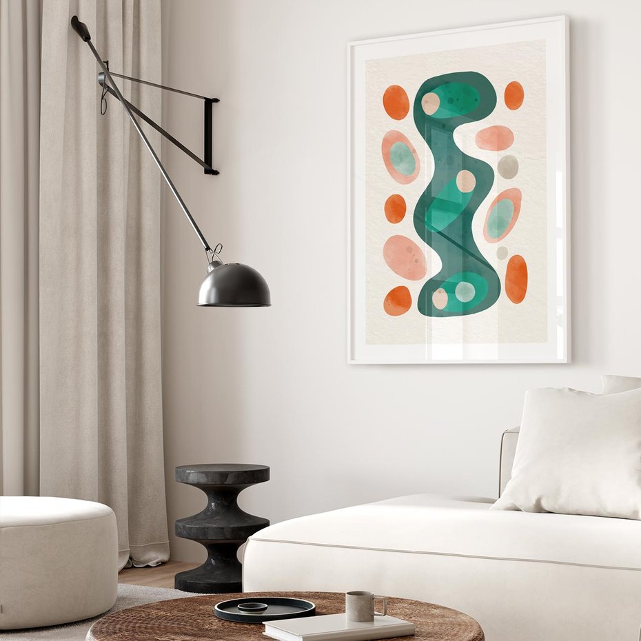 Plakat w ramie 50x70 - Wewnętrzne Spektrum - abstrakcyjne formy, dominujący kolor zielony - rama biała