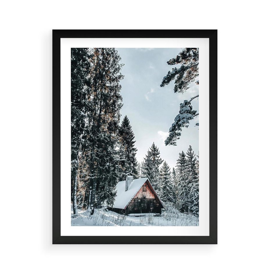Plakat w ramie 50x70 - Górska Uroda Zimą: Dom w Śniegu - domek w górach, zima - rama czarna