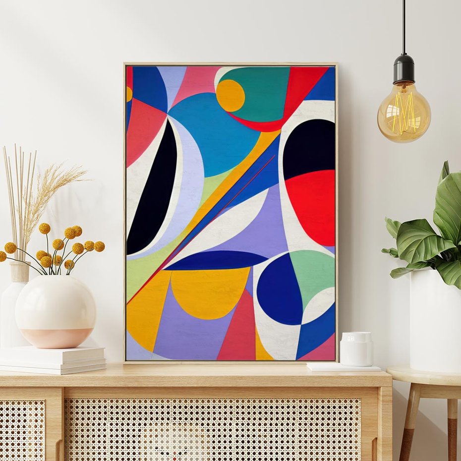 Obraz w ramie 50x70 - Kolorowe Przesunięcia Kształtów - abstrakcyjny obraz olejny, żywe kolory - rama drewno