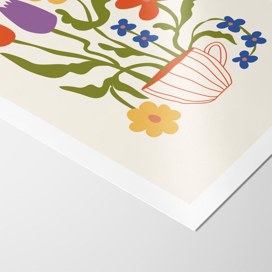 Plakat bez ramy 21x30 - Kolorowe Granice - kwiaty w filizance, abstrakcja