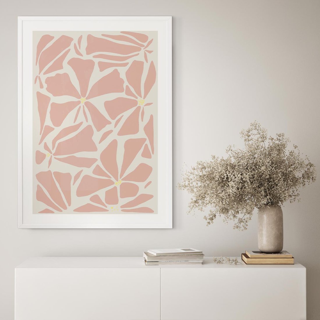 Plakat w ramie 40x50 - Akwarelowe Promienie - abstrakcyjne boho kwiaty, kompozycja - rama biała