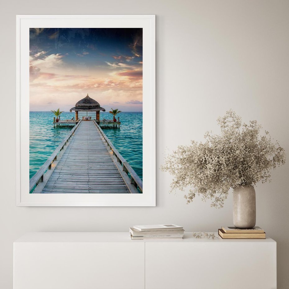 Plakat w ramie 50x70 - Morski Pomost - morze, pomost - rama biała