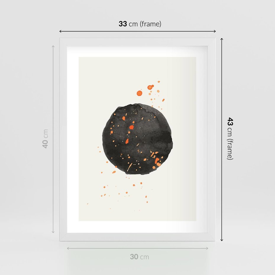Plakat w ramie 30x40 - Wibracje Kolorów - abstrakcyjna czarna plama, rozsiane pomarańczowe kropki - rama biała