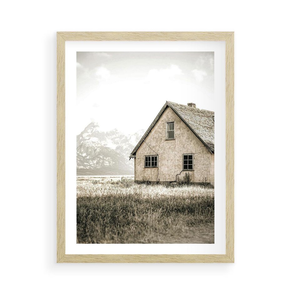 Plakat w ramie 50x70 - Ciepła Atmosfera - dom, stary dom w górach - rama drewno