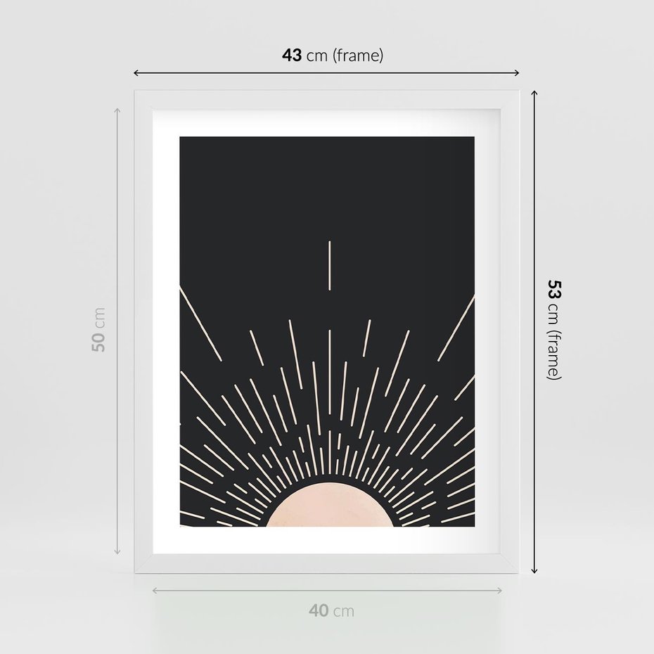 Plakat w ramie 40x50 - Słoneczny Portret Duszy - boho czarne słońce, nowoczesna grafika - rama biała