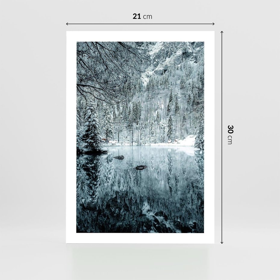 Plakat bez ramy 21x30 - Zimowy Raj - zimowy górski krajobraz, jezioro w górach
