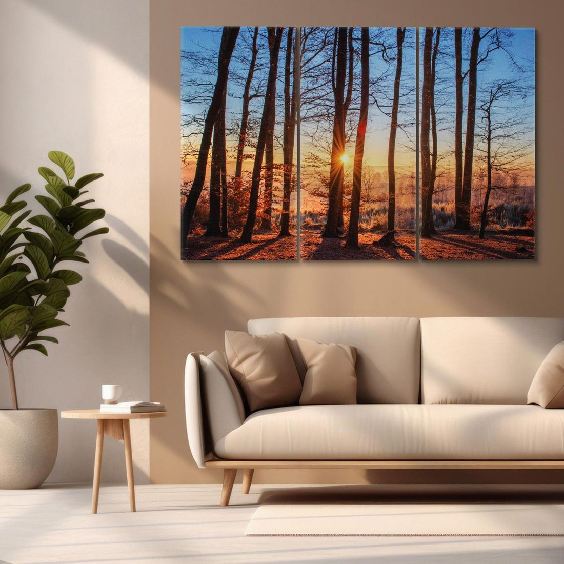 Obraz na płótnie 120x80 - Zachód słońca w jesiennym lesie - zachód słońca,