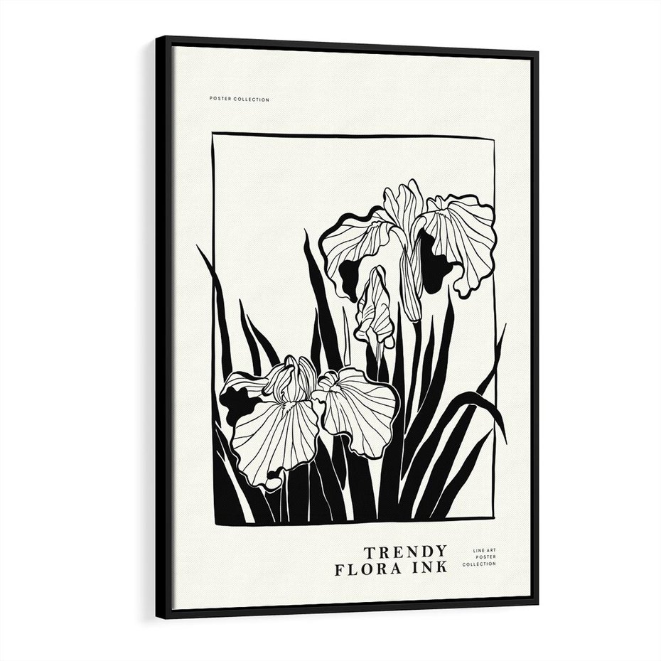 Obraz w ramie 70x100 - Spojrzenia na szkicowaną przeszłość - kwiaty, typografia - rama czarna