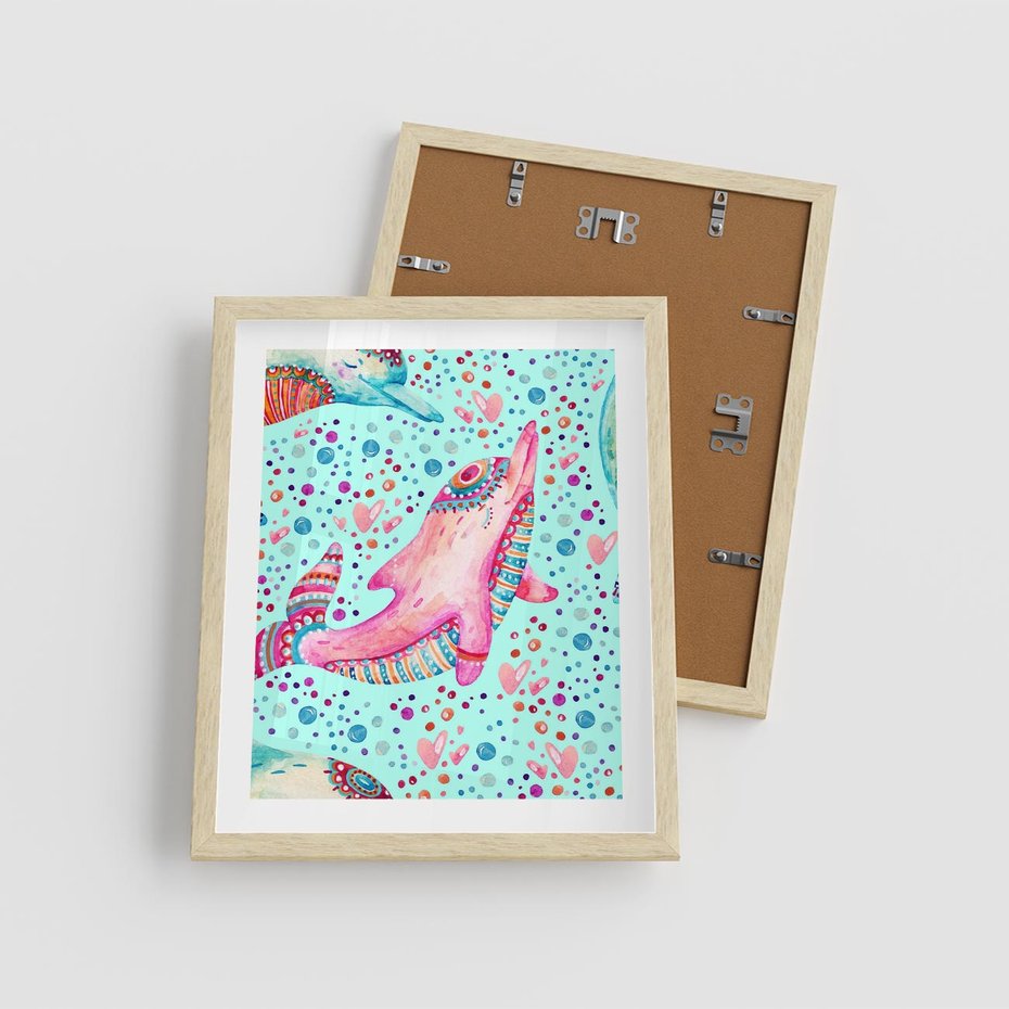 Plakat w ramie 40x50 - Lekkość W Ruchu - delfin, akwarela - rama drewno