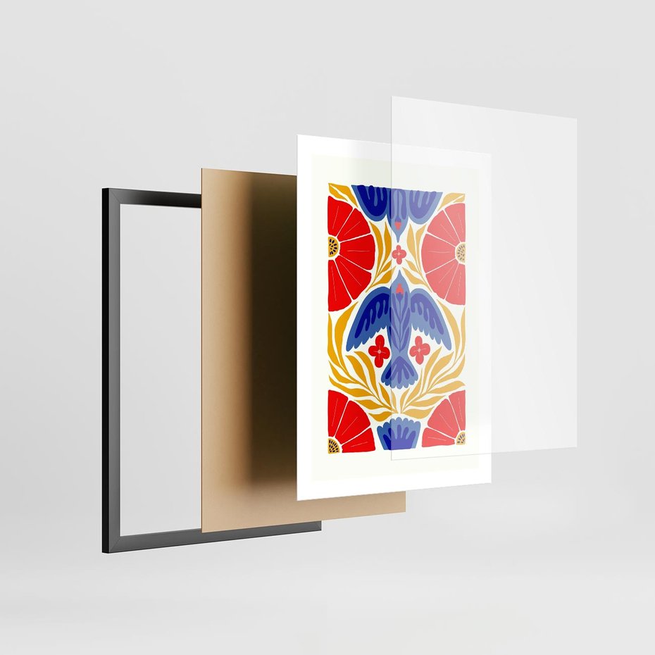 Plakat w ramie 50x70 - Eklektyczny Majestat - wyrazista grafika, mocne kolory czerwień niebieski żółty - rama czarna