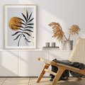 Plakat w ramie 40x50 - Grafika z Czarnym Liściem Palmy - czarny liść palmy, złóte kołó - rama drewno