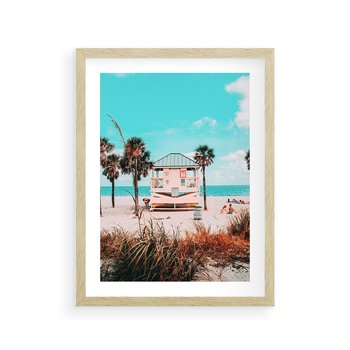 Plakat w ramie 50x70 - Plaża, Palmy i Spokój Miami - budka ratownika, plaża Miami - rama drewno
