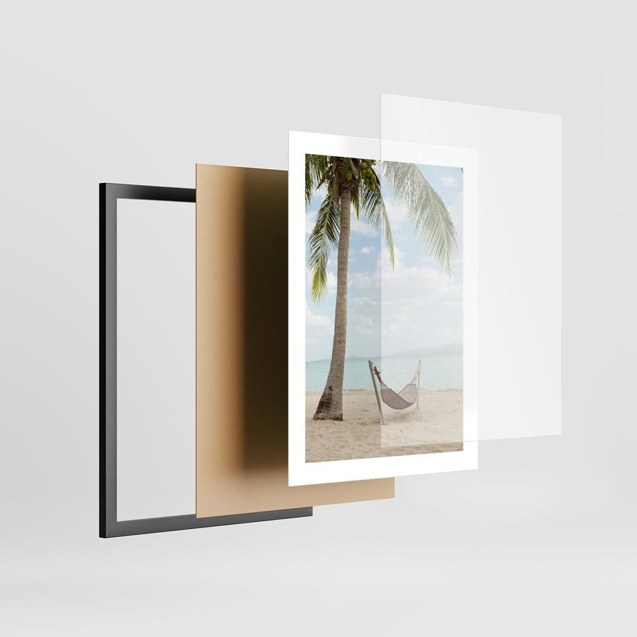 Plakat w ramie 30x40 - Relaks na plaży - palma, hamak - rama czarna