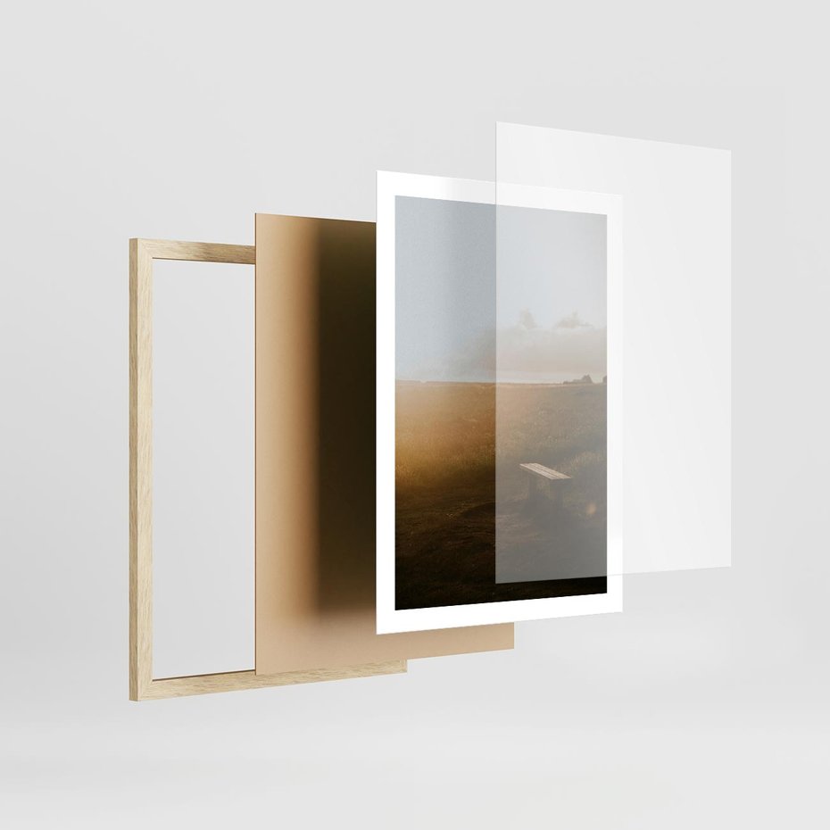 Plakat w ramie 50x70 - Mglisty zachód słońca na ławeczce - mgła, zachód - rama drewno