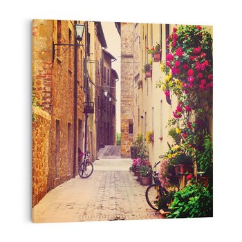 Obraz na płótnie 50x50 - Rowerowa przygoda w uliczkach pełnych perspektywy - uliczka, perspektywa