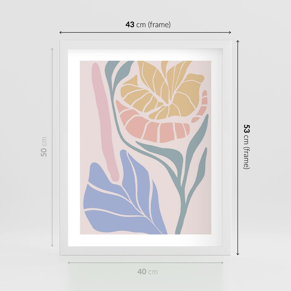 Plakat w ramie 40x50 - Wyjątkowe Ukojenie - pastelowe kwiaty, na beżowym tle - rama biała