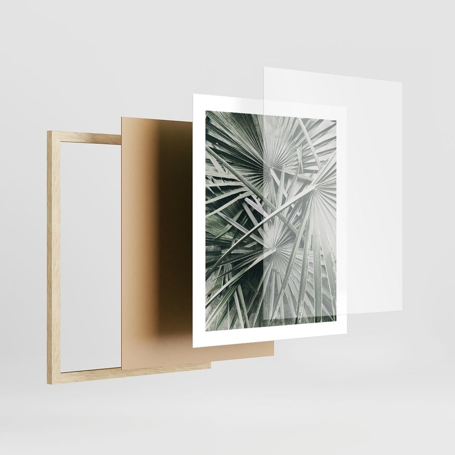 Plakat w ramie 40x50 - Palmy w Zgaszonej Zieleni - palmy, tropikalne liście - rama drewno