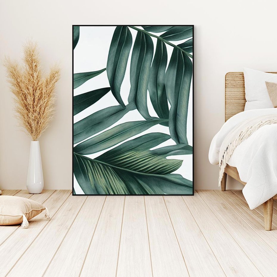 Obraz w ramie 50x70 - Ruchome liście czasu - liście palmy, tropikalne - rama czarna