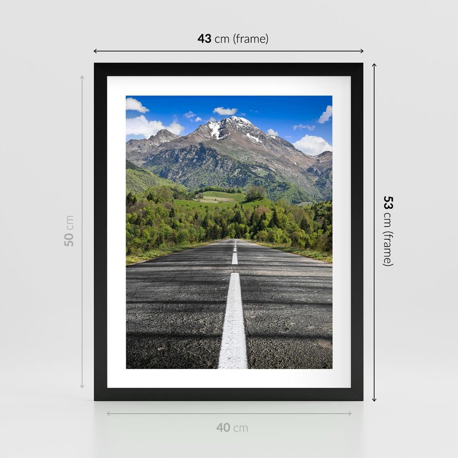 Plakat w ramie 40x50 - Droga przez góry: podróż do przygody - droga, góry - rama czarna