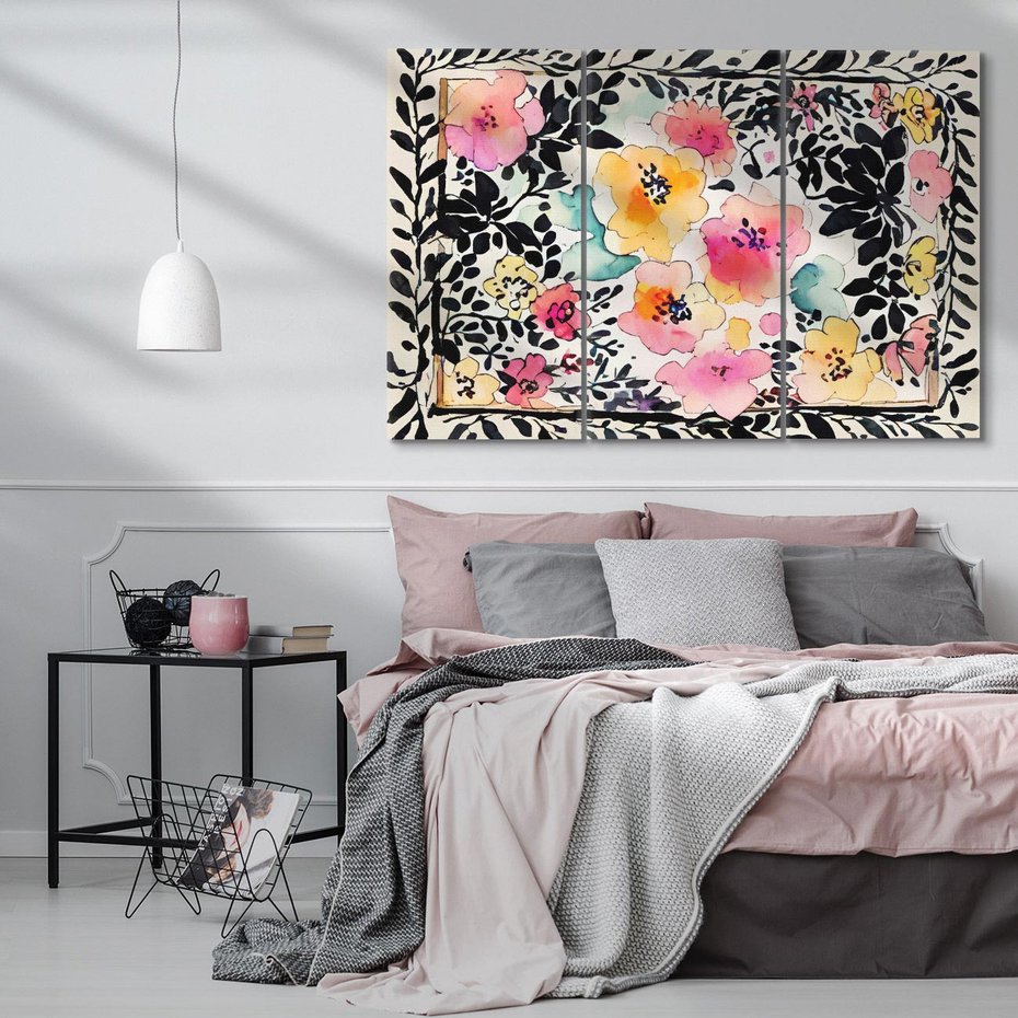 Obraz na płótnie 120x80 - Opowieść w kroplach farb - akwarelowe kwiaty, mocna ornamentowa czarna ramka namalowana dookoła obrazu