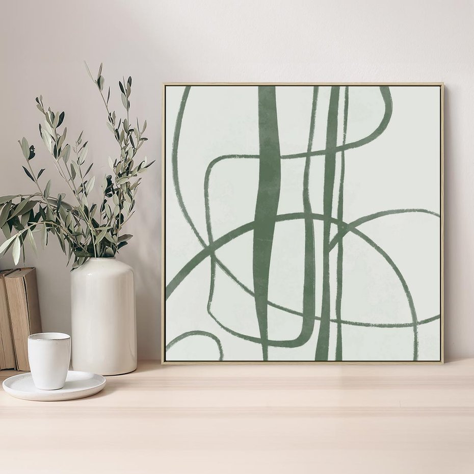 Obraz w ramie 80x80 - Zielony Spokój - zielona abstrakcja, spokojny plakat - rama drewno