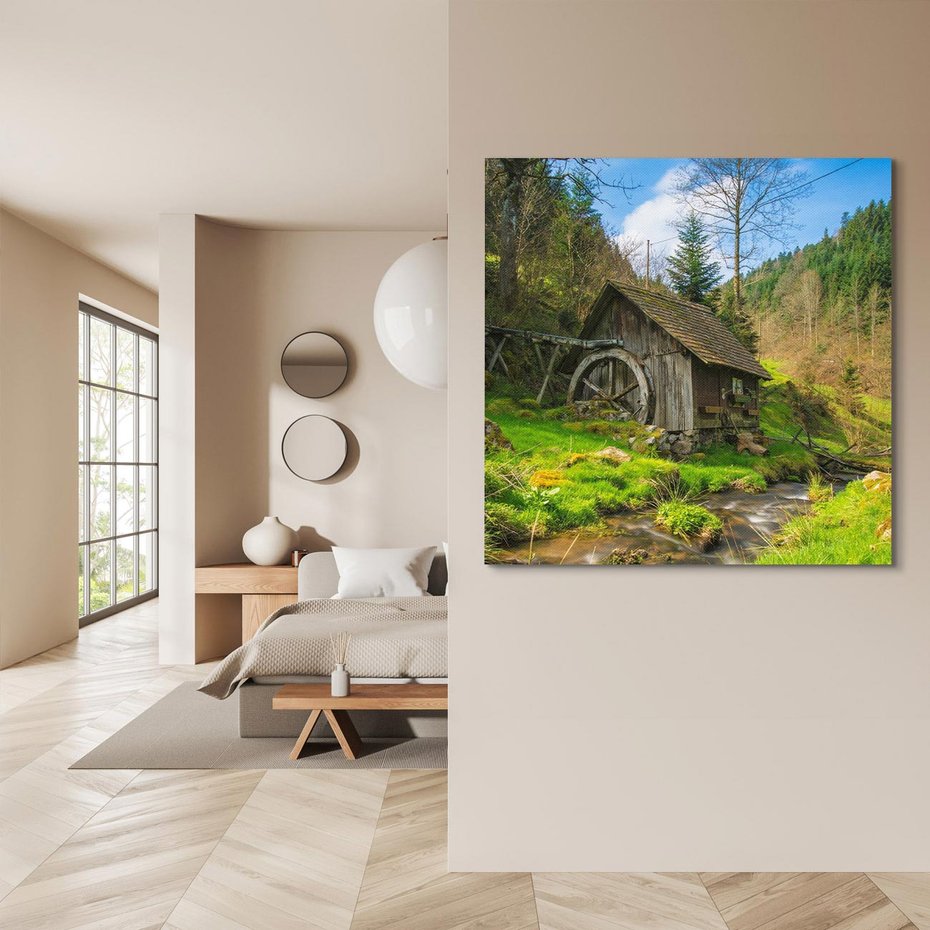 Obraz na płótnie 80x80 - Urok górskiego domku nad strumykiem - domek, góry