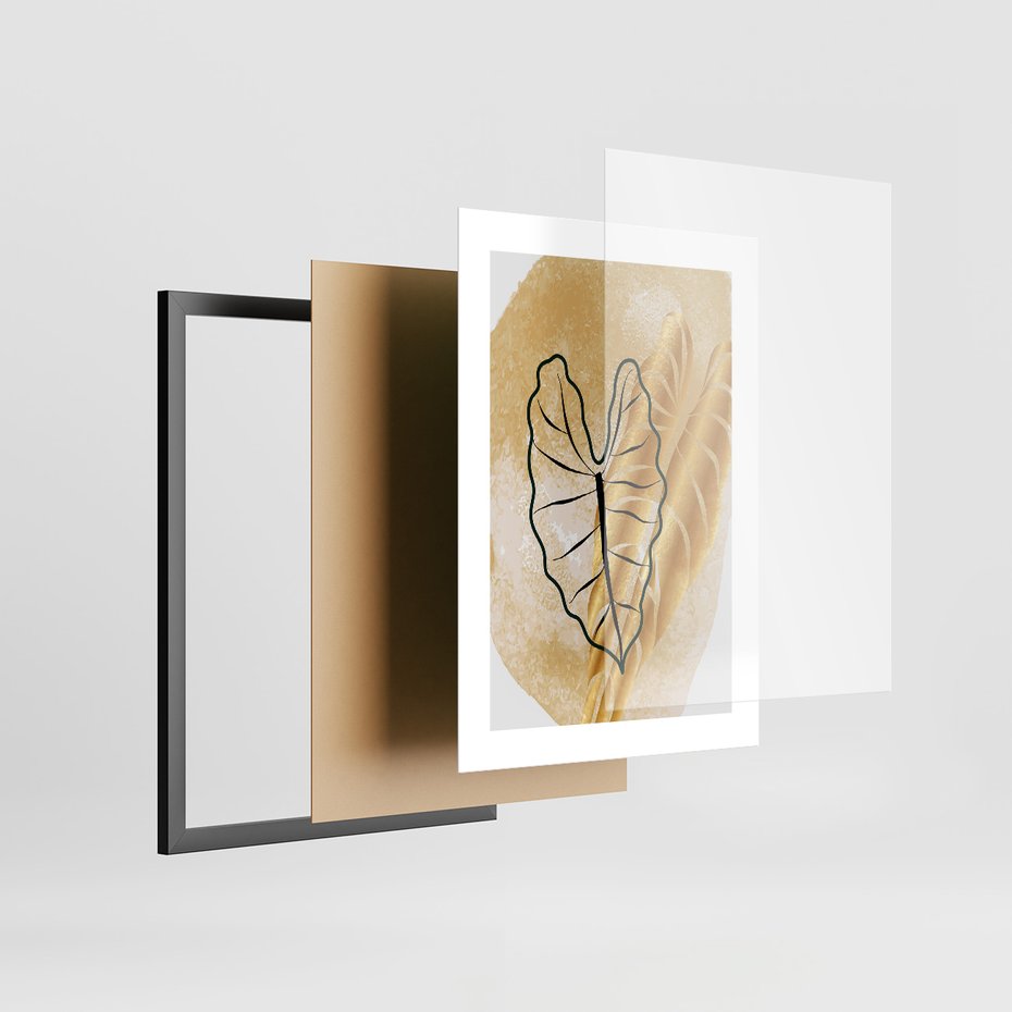 Zestaw obrazy w ramie 40x50 galeria - Złote, liście, monstera, akwarela - rama czarna