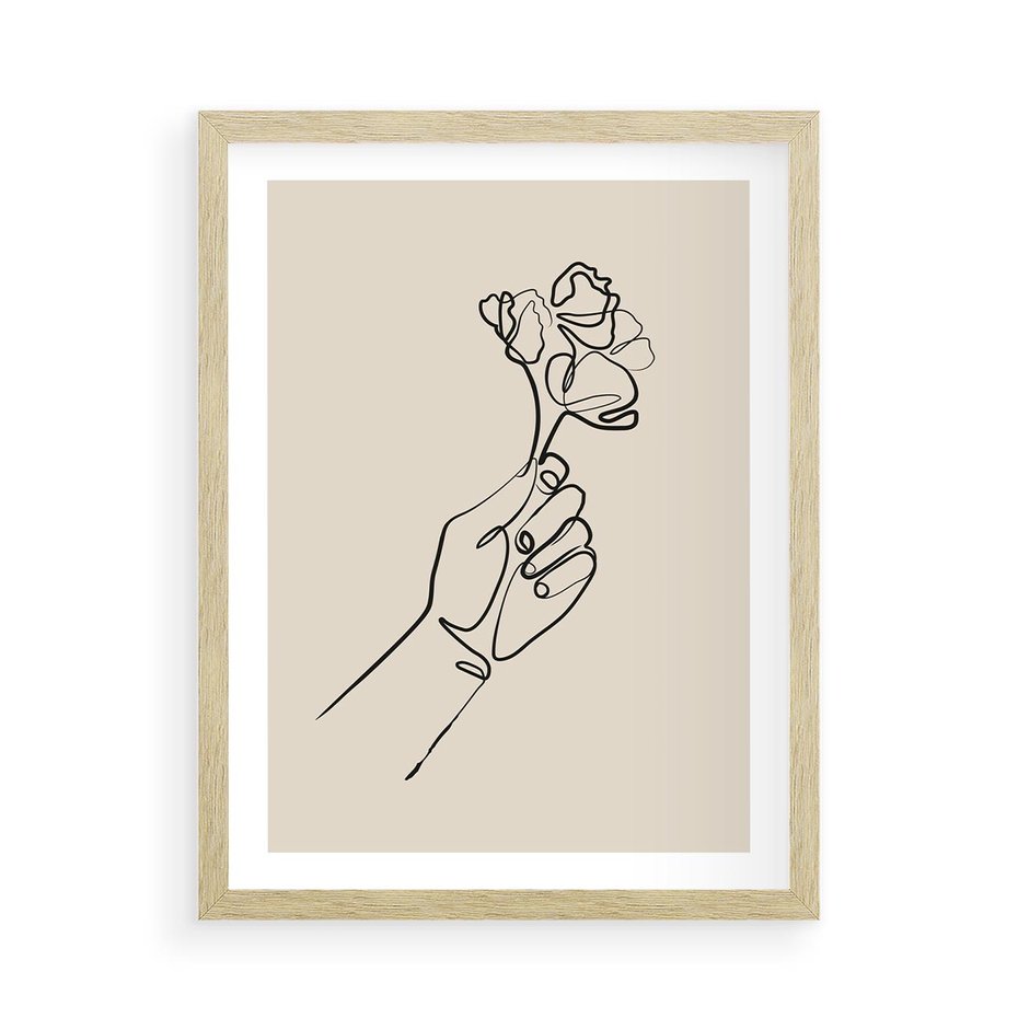 Plakat w ramie 50x70 - Szkic Kwiatu - kwiat w dłoni, szkic - rama drewno