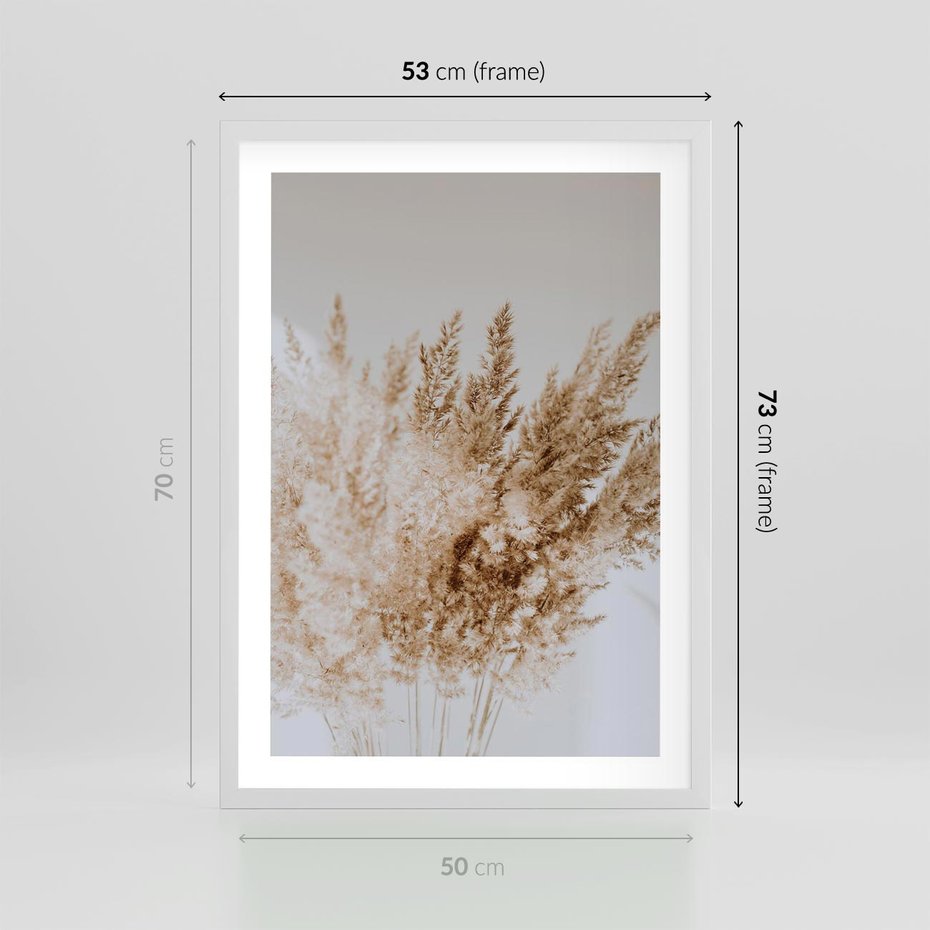 Plakat w ramie 50x70 - Boho Urok Traw Pampasowych - suche trawy, pampas - rama biała